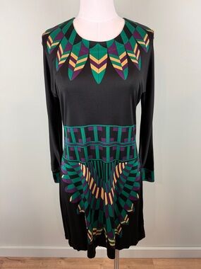 Tory Burch Silk Black Long-Sleeve Geometric Print Dress size Large